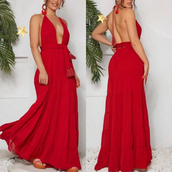 Luxe red open back tiered halter party formal maxi dress